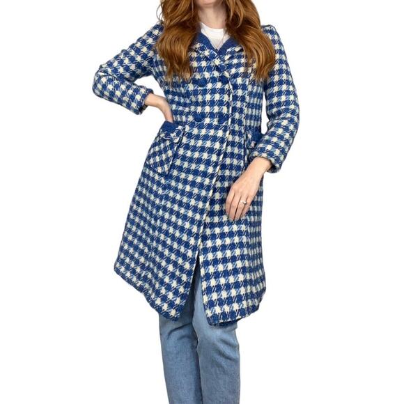 Vintage 70s Size Medium Blue & White Houndstooth Wool Blend Peacoat Jacket - Picture 1 of 9